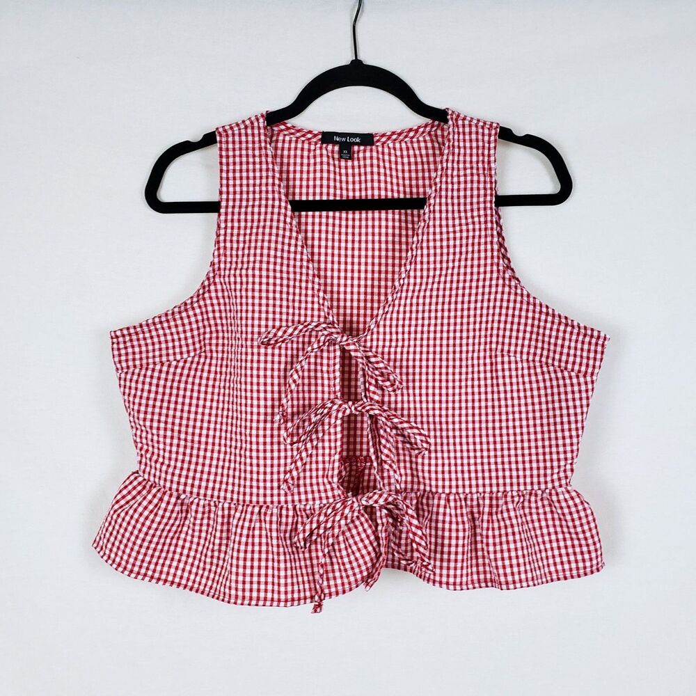 New Look Cottagecore Picnic Coquette Gingham Tie-Front Top Womens XL Red Peplum